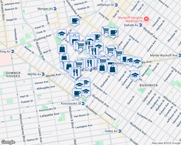 map of restaurants, bars, coffee shops, grocery stores, and more near 1248 Myrtle Avenue in Brooklyn