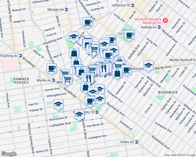 map of restaurants, bars, coffee shops, grocery stores, and more near 100 Suydam Street in Brooklyn