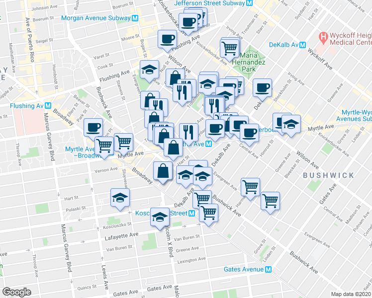 map of restaurants, bars, coffee shops, grocery stores, and more near 100 Suydam Street in Brooklyn
