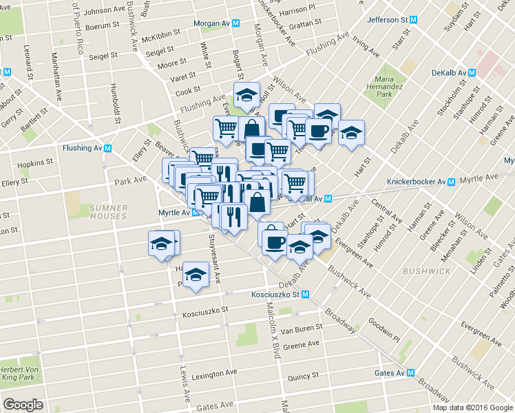 map of restaurants, bars, coffee shops, grocery stores, and more near 42 1/2 Troutman Street in Brooklyn