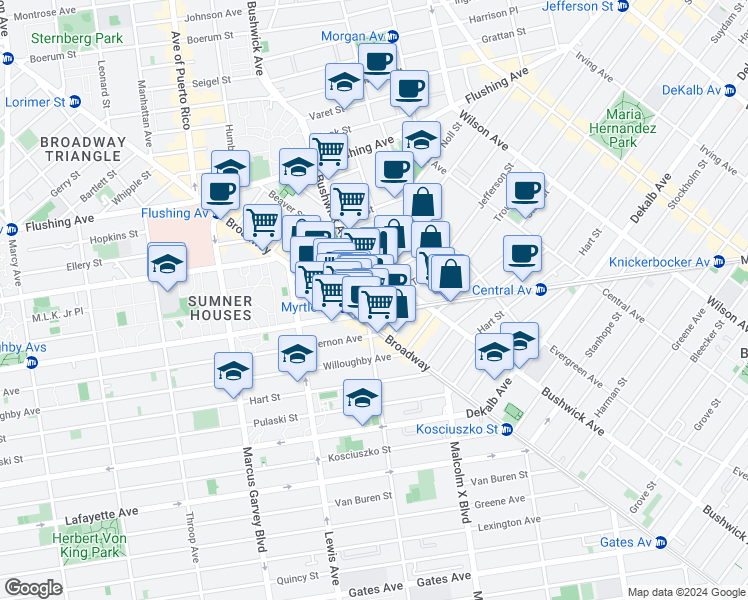 map of restaurants, bars, coffee shops, grocery stores, and more near 34 Melrose Street in Brooklyn