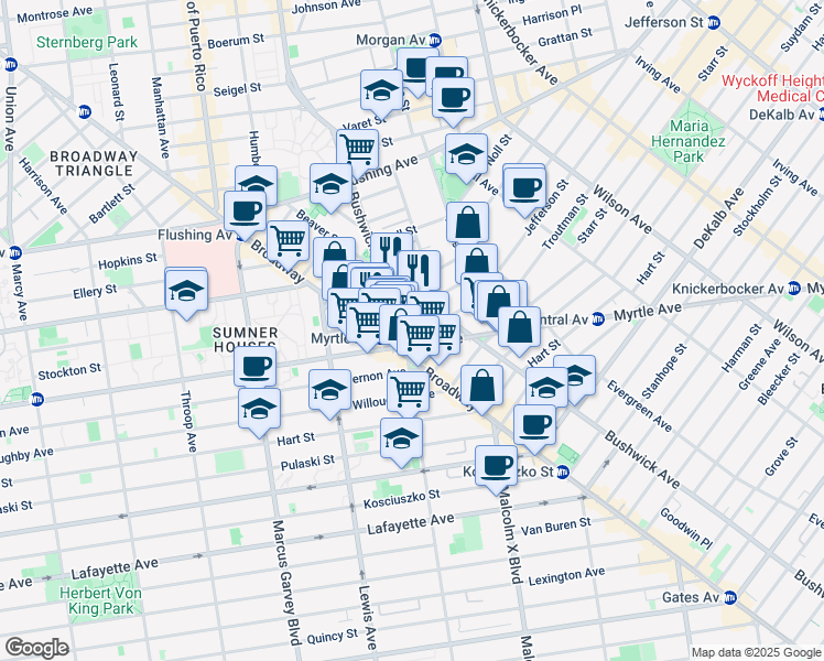 map of restaurants, bars, coffee shops, grocery stores, and more near 34 Melrose Street in Brooklyn