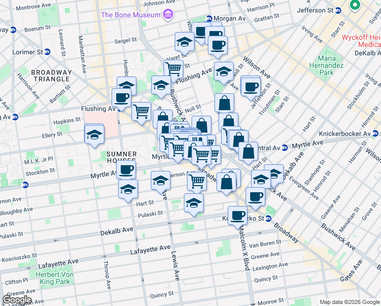 map of restaurants, bars, coffee shops, grocery stores, and more near 34 Melrose Street in Brooklyn