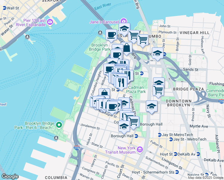 map of restaurants, bars, coffee shops, grocery stores, and more near 80 Clark Street in Brooklyn