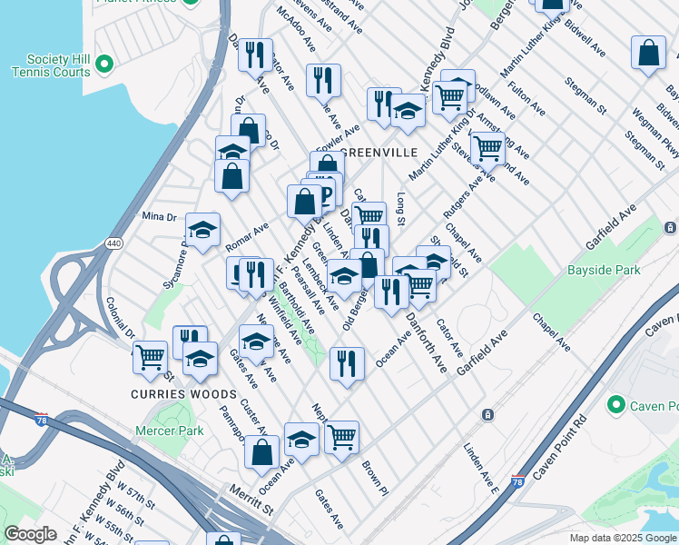 map of restaurants, bars, coffee shops, grocery stores, and more near 199 Linden Avenue in Jersey City