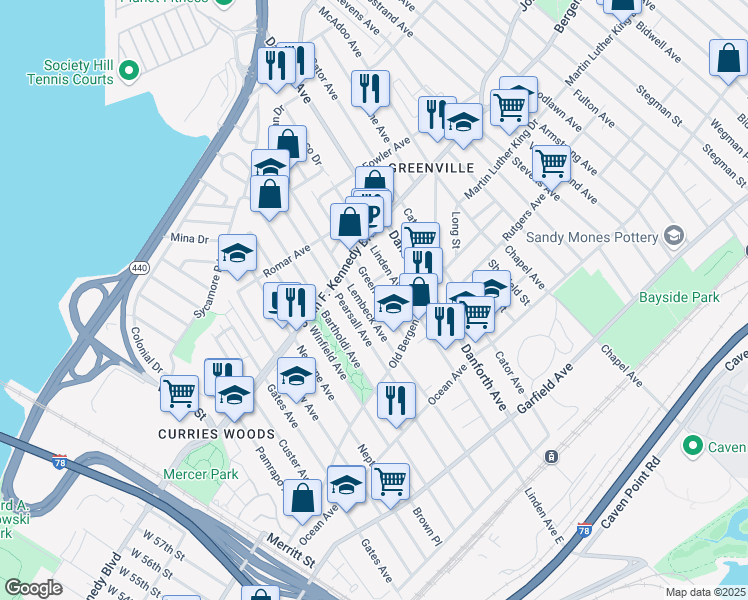 map of restaurants, bars, coffee shops, grocery stores, and more near 65 Greenville Avenue in Jersey City
