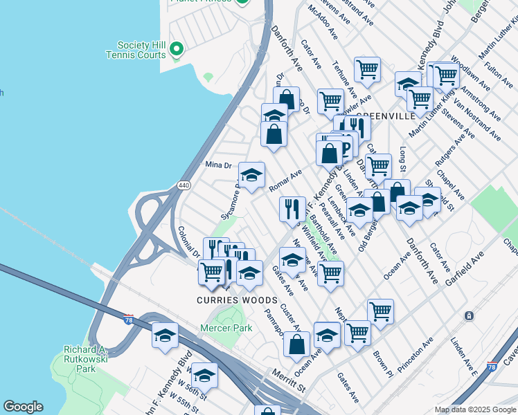 map of restaurants, bars, coffee shops, grocery stores, and more near 16 Romar Avenue in Jersey City