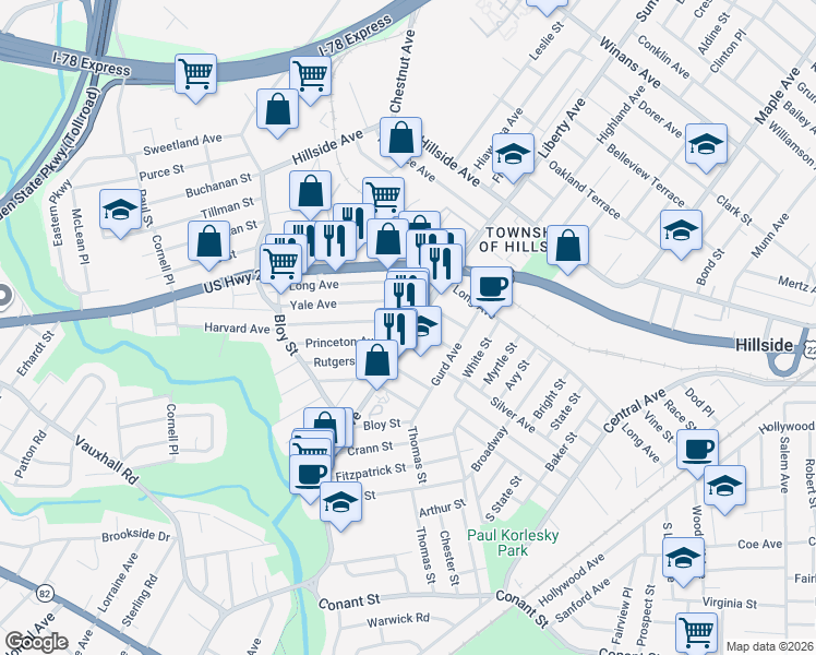 map of restaurants, bars, coffee shops, grocery stores, and more near 422 New York Place in Hillside