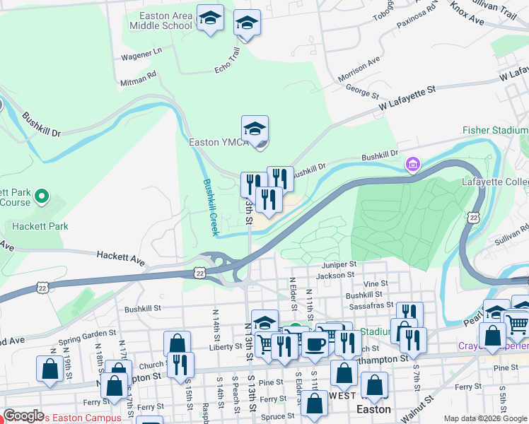 map of restaurants, bars, coffee shops, grocery stores, and more near 673 North 13th Street in Easton