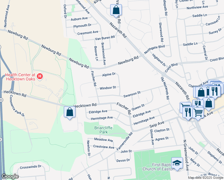 map of restaurants, bars, coffee shops, grocery stores, and more near 3007 Windsor Street in Easton