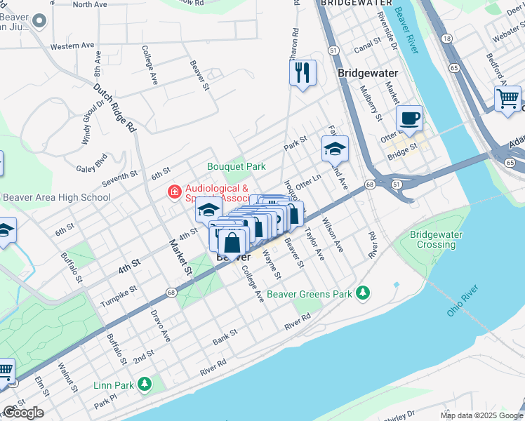 map of restaurants, bars, coffee shops, grocery stores, and more near 370 Beaver Street in Beaver