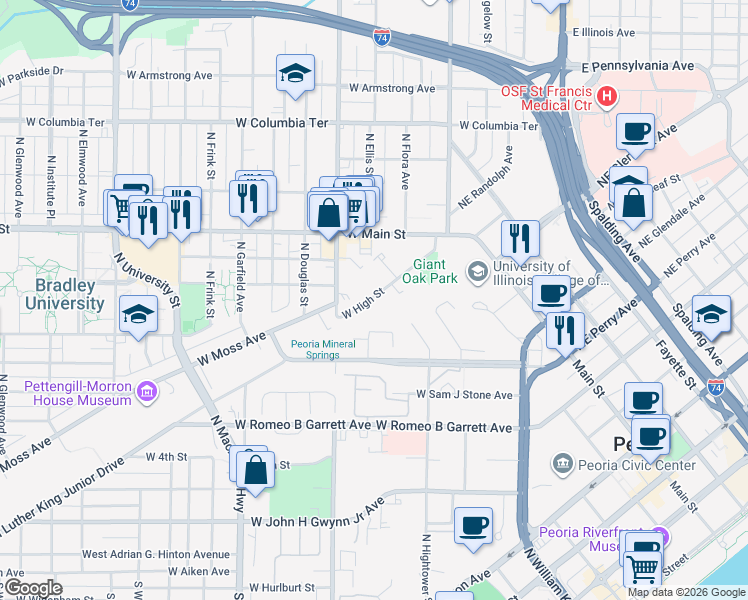 map of restaurants, bars, coffee shops, grocery stores, and more near 525 West High Street in Peoria