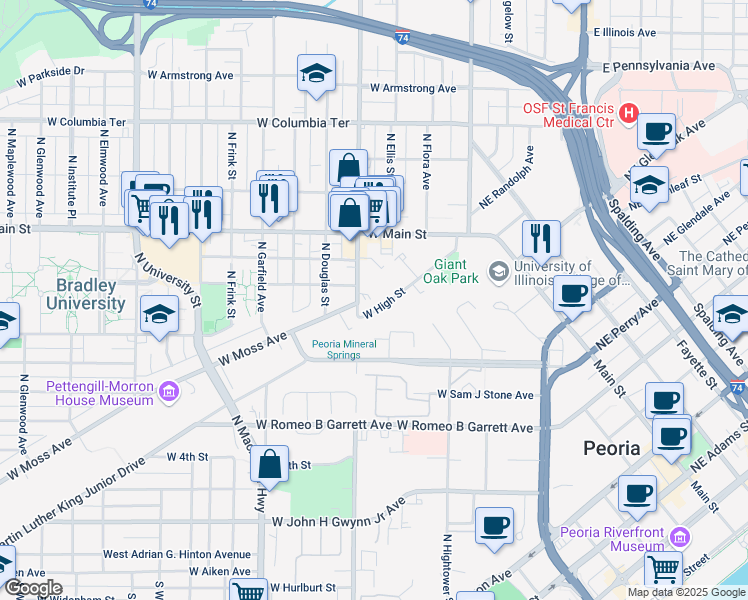 map of restaurants, bars, coffee shops, grocery stores, and more near 525 West High Street in Peoria