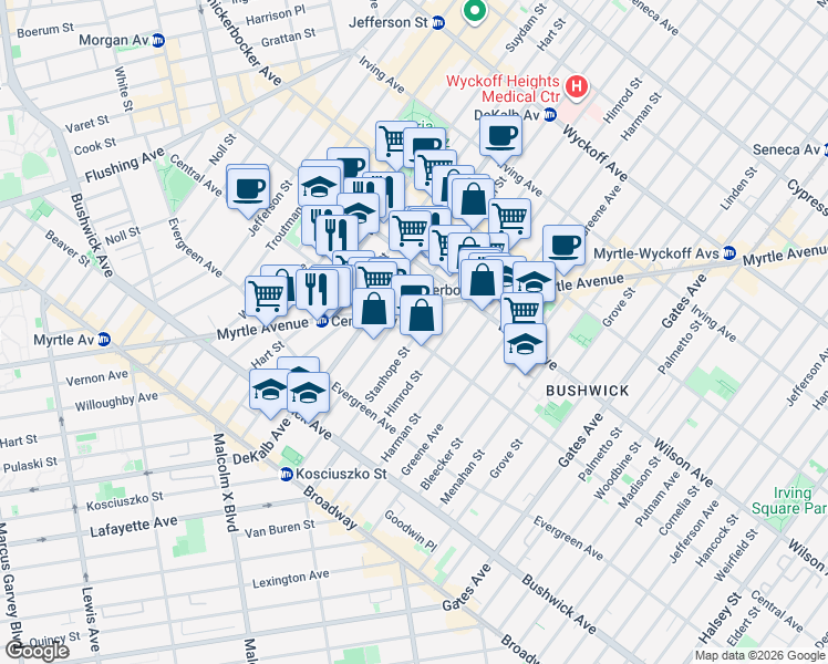 map of restaurants, bars, coffee shops, grocery stores, and more near 1296 Myrtle Avenue in Brooklyn