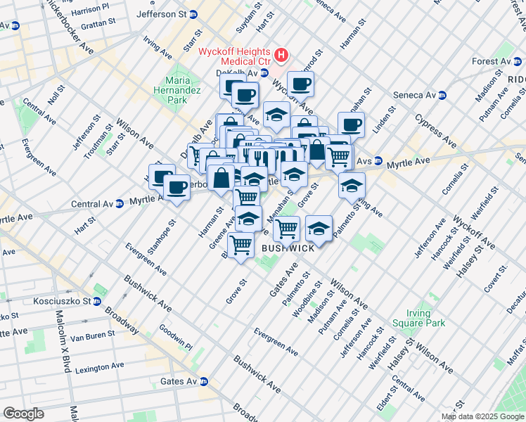 map of restaurants, bars, coffee shops, grocery stores, and more near 206 Bleecker Street in Brooklyn