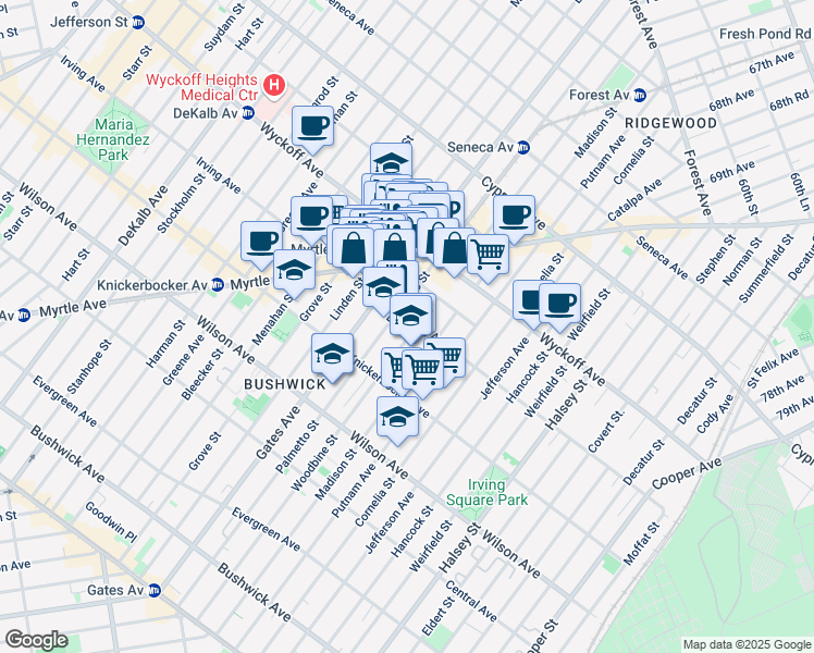 map of restaurants, bars, coffee shops, grocery stores, and more near 360 Irving Avenue in Brooklyn