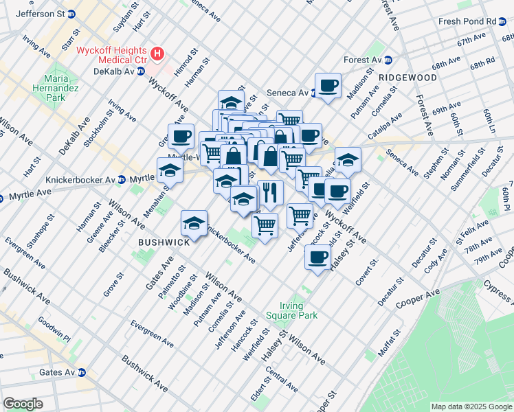 map of restaurants, bars, coffee shops, grocery stores, and more near 15 Ridgewood Place in Brooklyn