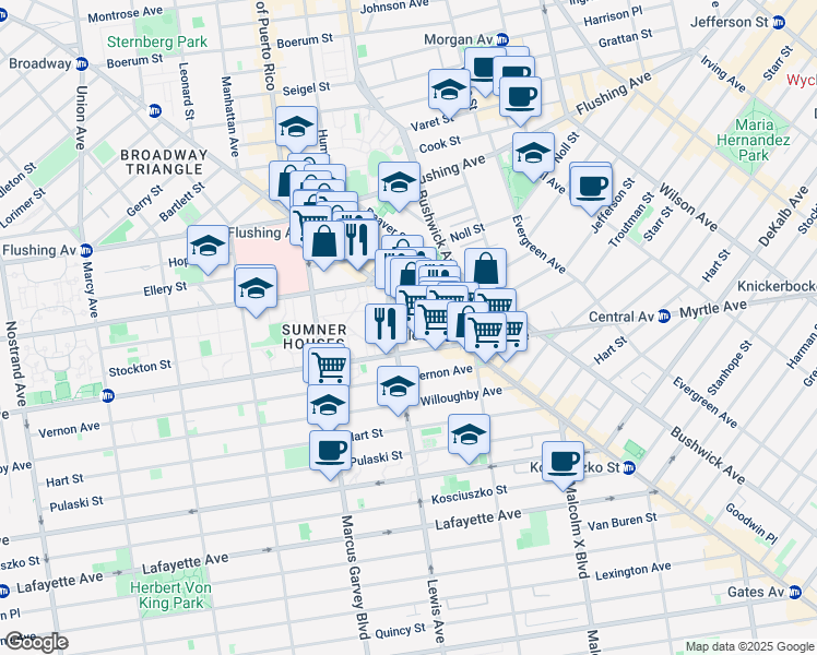 map of restaurants, bars, coffee shops, grocery stores, and more near 874 Broadway in Brooklyn