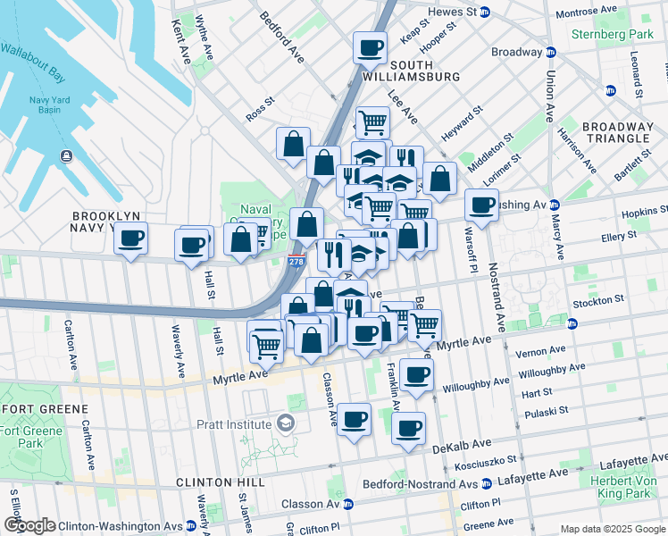map of restaurants, bars, coffee shops, grocery stores, and more near 350 Flushing Avenue in Brooklyn