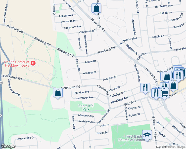 map of restaurants, bars, coffee shops, grocery stores, and more near 3007 Windsor Street in Easton