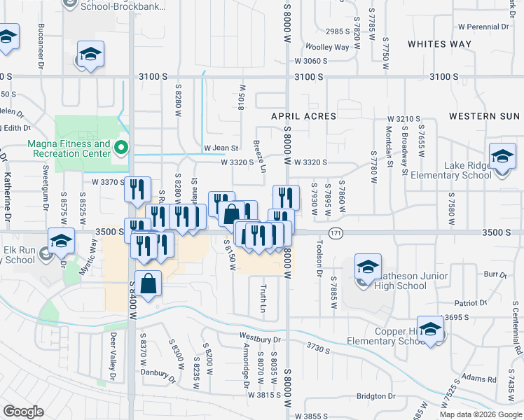 map of restaurants, bars, coffee shops, grocery stores, and more near 8065 Copperfield Place in Magna