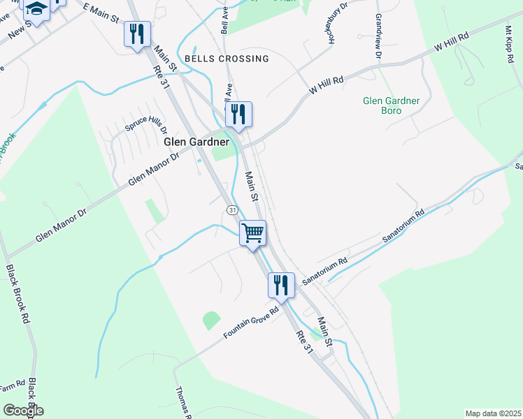 map of restaurants, bars, coffee shops, grocery stores, and more near 113 Main Street in Glen Gardner