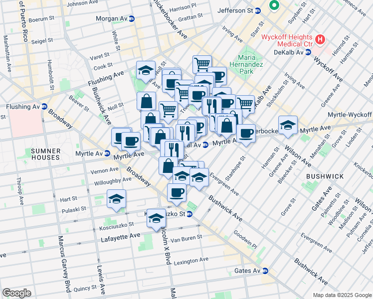 map of restaurants, bars, coffee shops, grocery stores, and more near 100 Suydam Street in Brooklyn