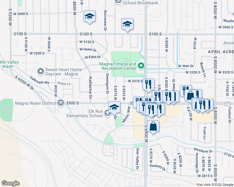 map of restaurants, bars, coffee shops, grocery stores, and more near 3408 Helen Drive in Magna