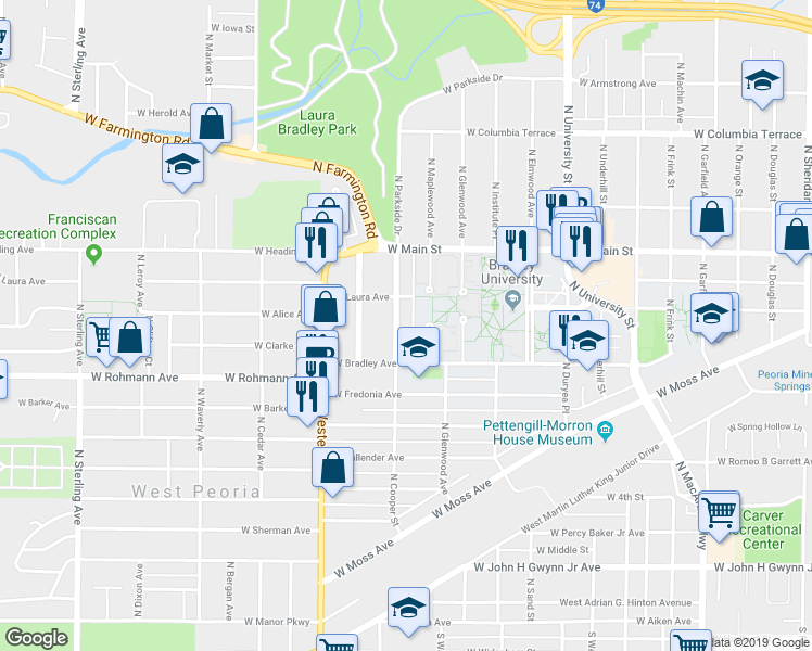 map of restaurants, bars, coffee shops, grocery stores, and more near 824 North Cooper Street in Peoria