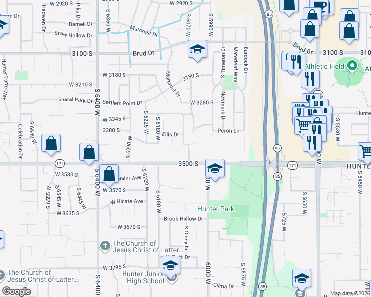 map of restaurants, bars, coffee shops, grocery stores, and more near 6089 West Meadow Breeze Way in West Valley City