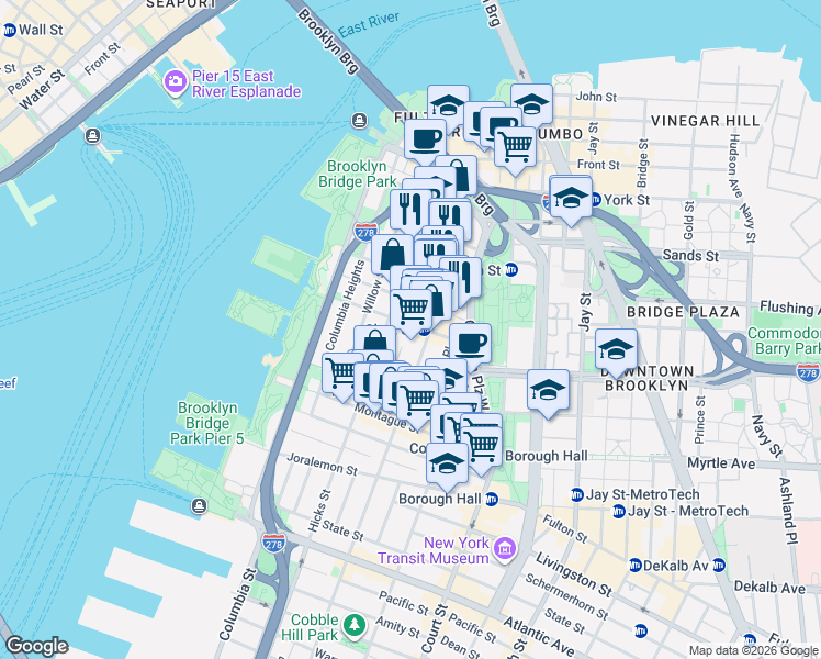 map of restaurants, bars, coffee shops, grocery stores, and more near 62 Clark Street in Brooklyn