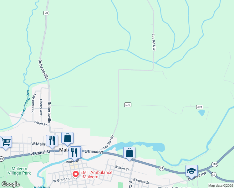 map of restaurants, bars, coffee shops, grocery stores, and more near 8050 Lee Road Northwest in Malvern