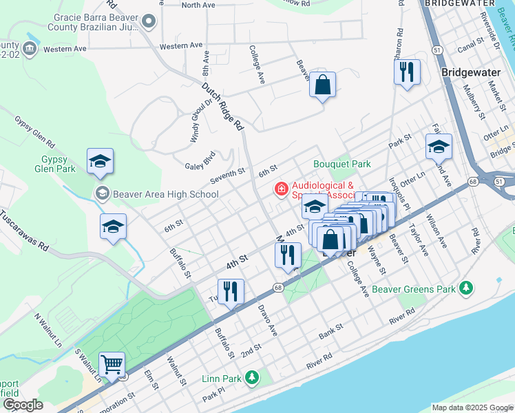 map of restaurants, bars, coffee shops, grocery stores, and more near 495 Market Street in Beaver