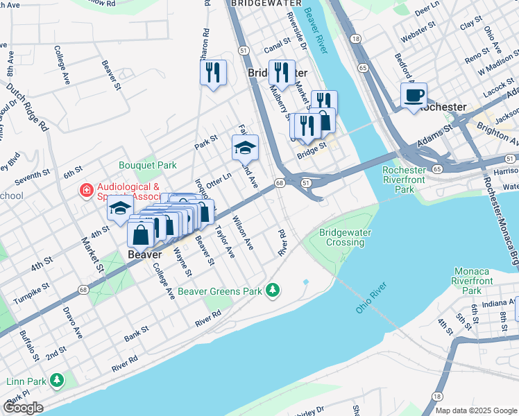 map of restaurants, bars, coffee shops, grocery stores, and more near 221 3rd St in Beaver