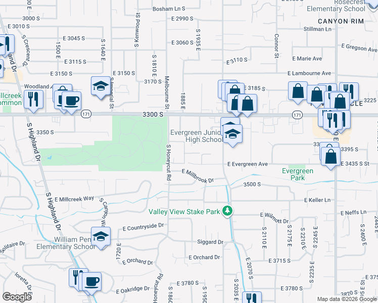 map of restaurants, bars, coffee shops, grocery stores, and more near 1907 East 3380 South Street in Millcreek