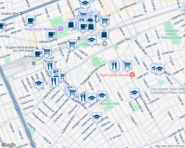 map of restaurants, bars, coffee shops, grocery stores, and more near 156-07 Tuskegee Airmen Way in Queens