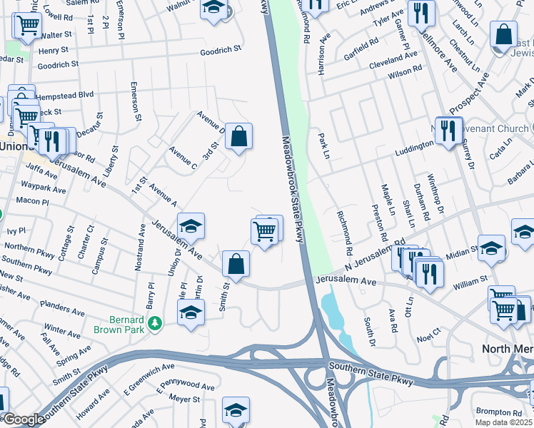 map of restaurants, bars, coffee shops, grocery stores, and more near 569 Mitchell Street in Uniondale
