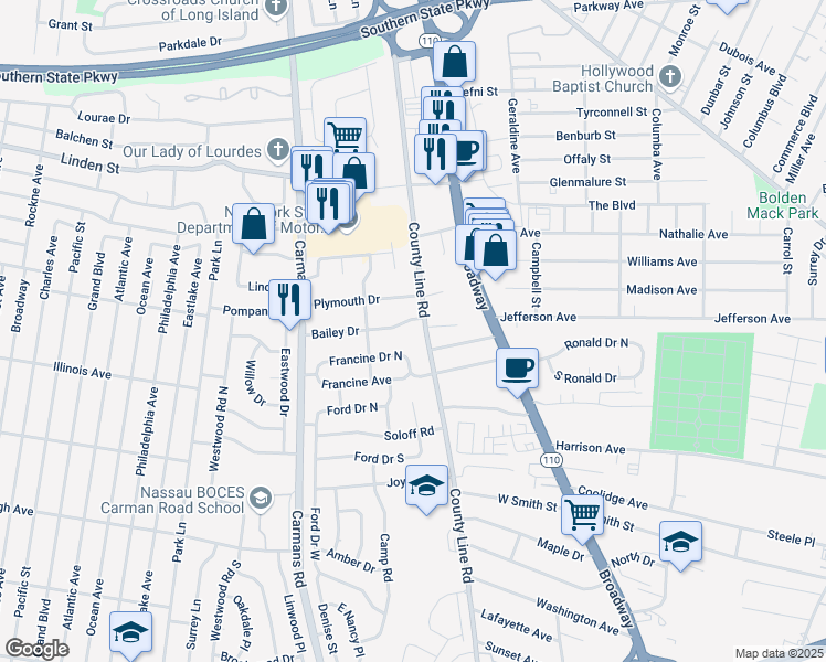 map of restaurants, bars, coffee shops, grocery stores, and more near 1 Bailey Drive in Massapequa