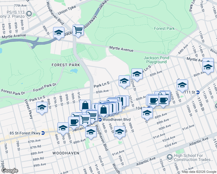 map of restaurants, bars, coffee shops, grocery stores, and more near 98 Stuart Lane in Queens