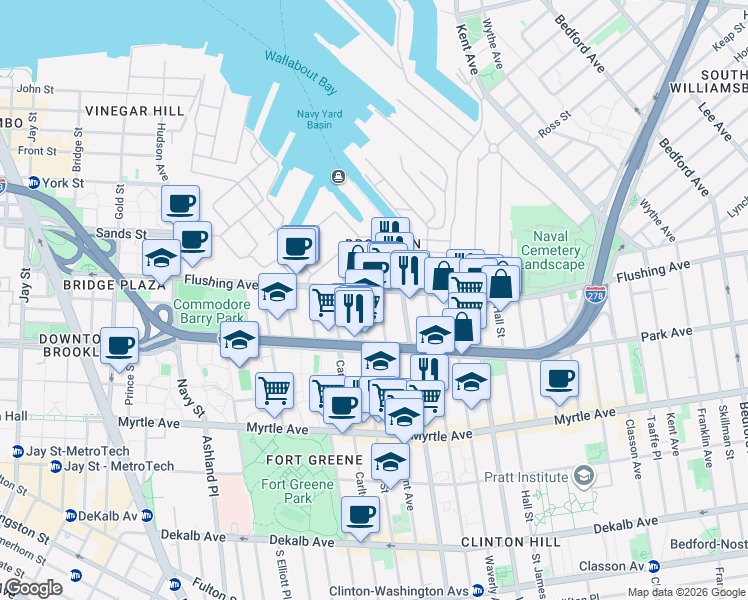 map of restaurants, bars, coffee shops, grocery stores, and more near 10 Clermont Avenue in Brooklyn