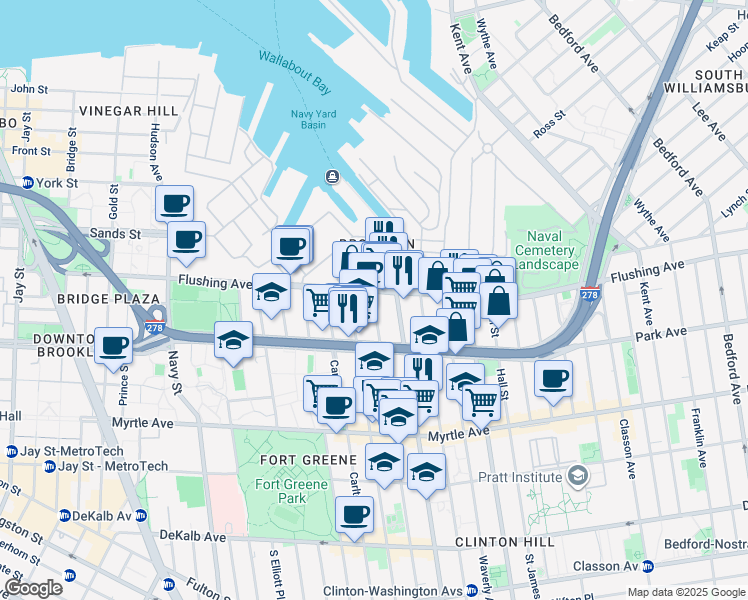 map of restaurants, bars, coffee shops, grocery stores, and more near 9 Clermont Avenue in Brooklyn