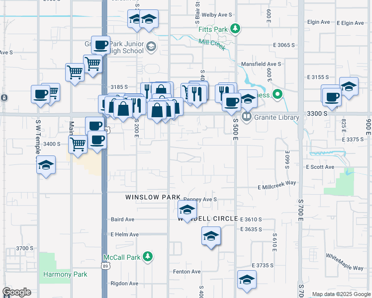 map of restaurants, bars, coffee shops, grocery stores, and more near 353 East Newsome Park Lane in South Salt Lake