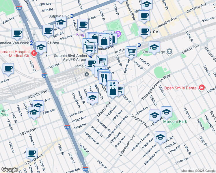 map of restaurants, bars, coffee shops, grocery stores, and more near 147-41 97th Avenue in Queens