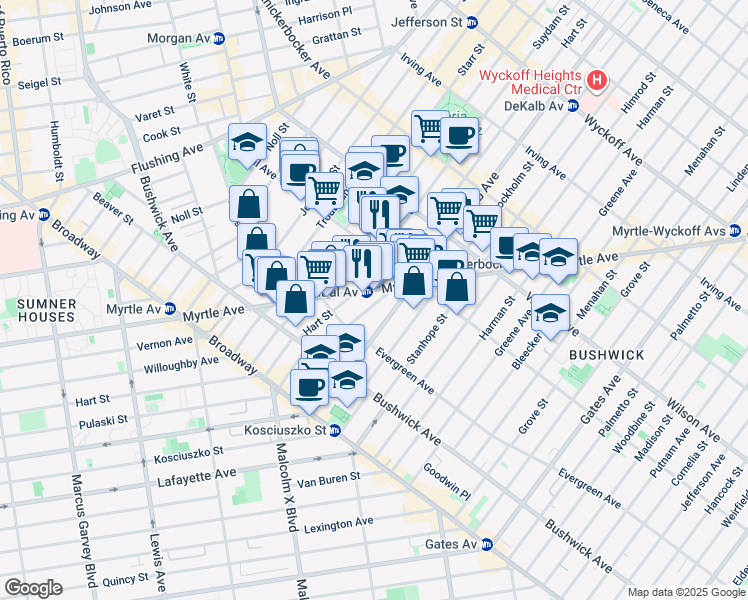 map of restaurants, bars, coffee shops, grocery stores, and more near 1248 Myrtle Avenue in Brooklyn