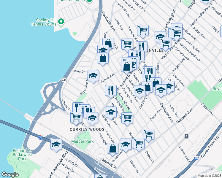 map of restaurants, bars, coffee shops, grocery stores, and more near 274 Winfield Avenue in Jersey City