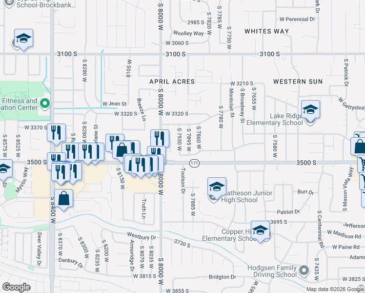 map of restaurants, bars, coffee shops, grocery stores, and more near 3441 South 7930 West in Magna