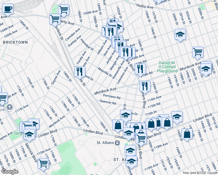 map of restaurants, bars, coffee shops, grocery stores, and more near 187-15 Keeseville Avenue in Queens
