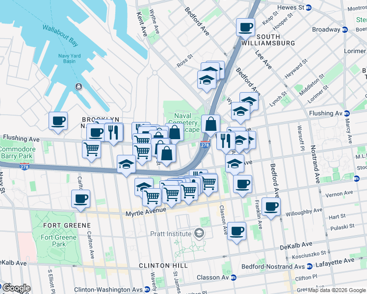 map of restaurants, bars, coffee shops, grocery stores, and more near 80 Myrtle Avenue in Brooklyn