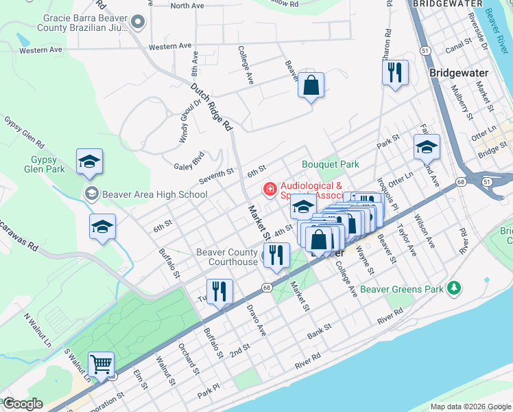 map of restaurants, bars, coffee shops, grocery stores, and more near 800 5th Street in Beaver