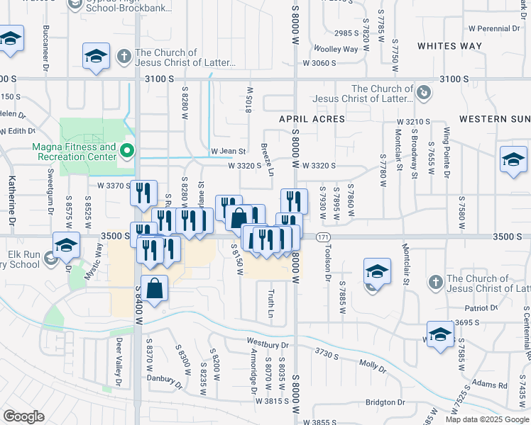 map of restaurants, bars, coffee shops, grocery stores, and more near 8082 Copperfield Place in Magna